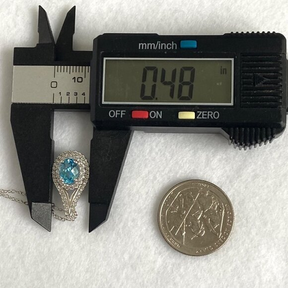 Sterling Silver 925 P☆M Oval Blue Topaz White Topaz Double Halo Pendant Necklace - Picture 14 of 16